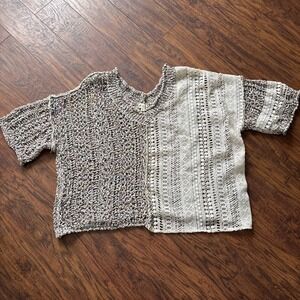 POL Women's S Confetti  Crochet Knit Oversized  Boho Crop Sweater Tan